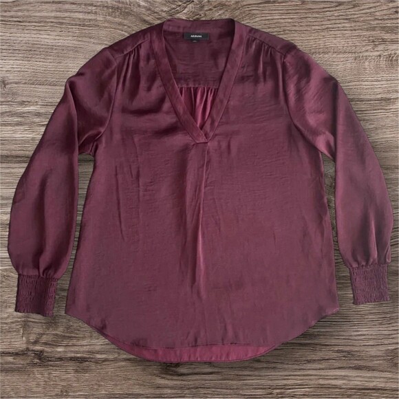 Alfani Tops - ALFANI Women’s Top Hi-Low Long Sleeve Smocked Blouse V-neck Tunic Maroon Small
